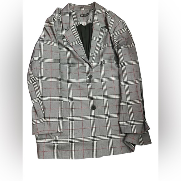 DG2 by Diane Gilman Women’s Suit Gray Plaid Blazer Pants Subtle Red Windowpane - Picture 5 of 12